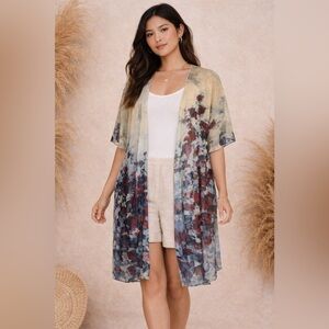 Le Galireste Sheer Lagenlook Kimono Duster Abstract Print Art To Wear One Size